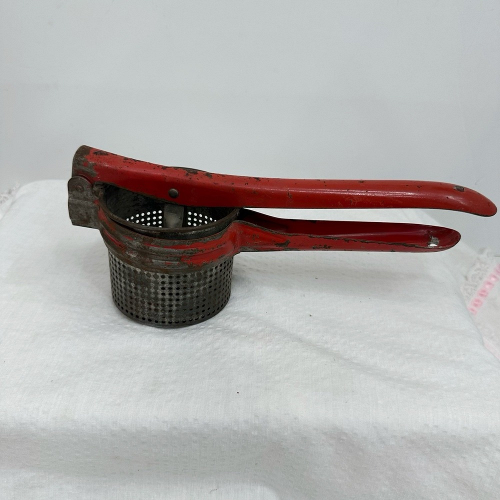 Vintage 1950's Metal‎ Potato Ricer w/Red Handle ~ Retro Kitchen Masher/Strainer